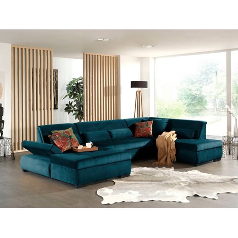 Lisa Design – Canapé d'angle panoramique 7 places – Revêtement velours 100% polyester – Accoudoir réglable – Fabrication européenne – Dimensions L335xH77xP197 cm