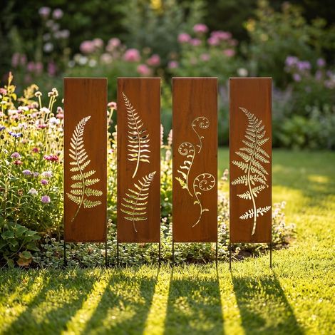 Brise-vue en métal - 4 x - 11 cm x 44 cm - Aspect rouille patiné - Brise-vue pour jardin - Pare-vue - Décoration de jardin (1/5)