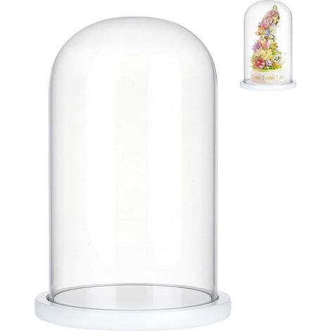 Cloche D'Affichage en Verre, Couvercle de Dôme en Verre Décoratif Clair Cloche Bocal Vitrine avec Base en Bois Blanc pour Objets Fleur Table Centre de Table Décor, 15x25.5cm (1/5)