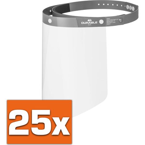Durable Visier, 25 Stück, für Gesichtsschutz vor Spritzern und Tröpfchen, mit anpassbarem Stirnband, hochklappbar & desinfizierbar, Made in EU (1/5)
