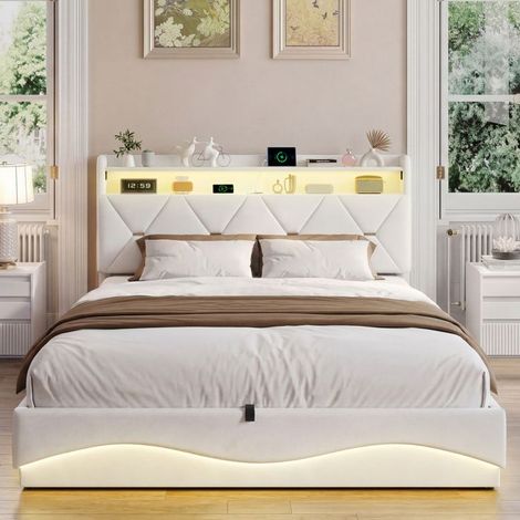 Bett 160x200 cm, Bett mit Stauraum 160x200 cm, Doppelbett 160x200 cm, 2 Personen, LED, Stauraum und Lattenrost, Beige (1/5)