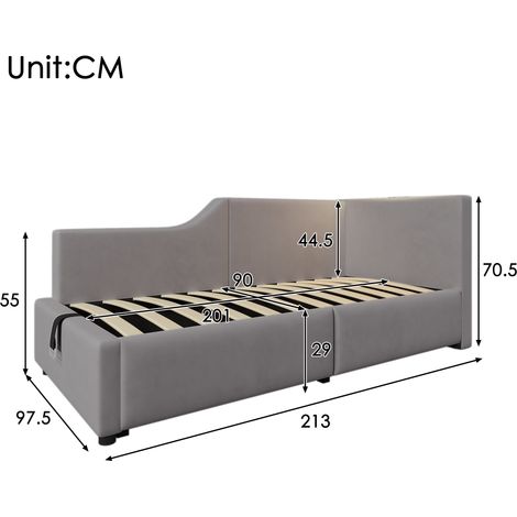 Canapé convertible 90x200 cm, banco-lit avec coffre de rangement hydraulique, éclairage de lecture et port USB-C, lit pour enfant et adolescent avec sommier latté en bois, velours gris (1/4)