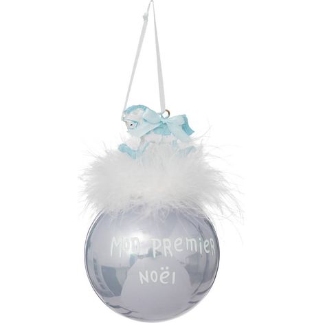La mia prima palla di natale di babbo natale + cavallo 90 mm in vetro blu - Atmosphera créateur d'intérieur (1/3)