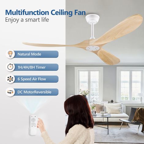 Ventilateur de plafond 152 cm (60 pouces) sans éclairage, finition bois naturel, étanche, design moderne, pour terrasse, salon, garage, gazebo
