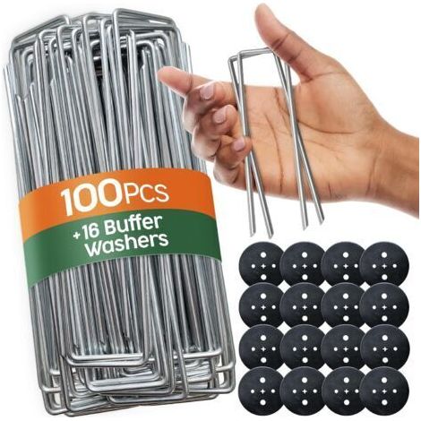 Piquets de Jardin 100 pcs + 16 Rondelles – Sardines de Fixation pour Sol Dur, Agrafes de Jardin - Piquet Ancrage pour Tomates - Agrafes pour Toile de Paillage et Gazon Synthétique