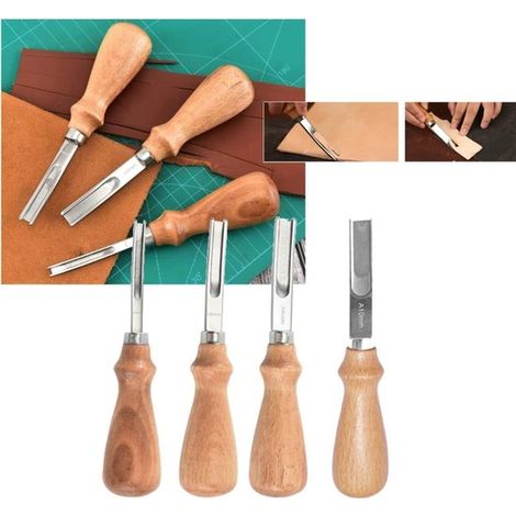 Ein vierteiliges Set Lederschälmesser geeignet für die Lederbearbeitung mit vier Klingen unterschiedlicher Breite Holzgriffen und robusten Edelstahl (1/2)