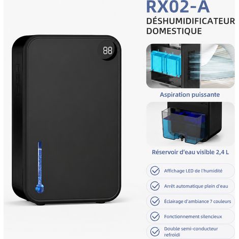 Mini déshumidificateur d'air RX02-A 750 ml/jour 90W noir plat prise UE noir réf 5716 24,4 × 18,5 × 37,8 cm 2,5 kg – Livraison gratuite