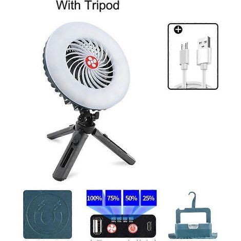Ventilateur suspendu 3 en 1 rechargeable par USB avec lampe LED et chargeur USB pour téléphone portable (1/4)