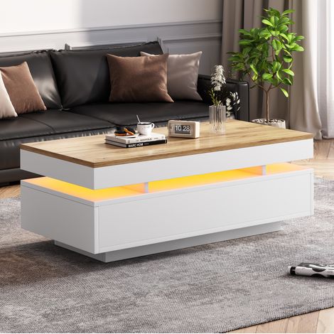 Mesa de centro LED 100x50x35 cm blanca y madera, 2 cajones - CHICFURN (1/5)