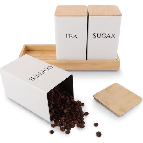 ®RisingFF Lot de 3 pots à thé, café et sucre, 8,5 x 8,5 x 15 cm, avec couvercle et plateau en bambou (1/4)
