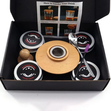 (Petit couvercle) Kit fumoir à cocktails pour whisky, fumoir en bois avec couvercle, idéal pour les boissons, la cuisine et le bar. Accessoires et outils pour bar et cocktails. (1/5)