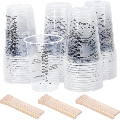 Lot de 50 Gobelet Peinture 240ml, Verre Doseur Cuisine avec 50 Touillette, Verre Doseur Plastique Transparent, Verre Mesureur avec Gradué pour Liquides Mélange de Résine Peinture Pigment (1/5)
