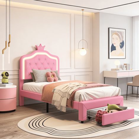 Cadre de lit simple 90x200 cm pour fille, Lit enfant 90x200 cm avec tiroirs, Tête de lit couronne réglable avec éclairage LED, sommier à lattes, PU, Rose (1/5)