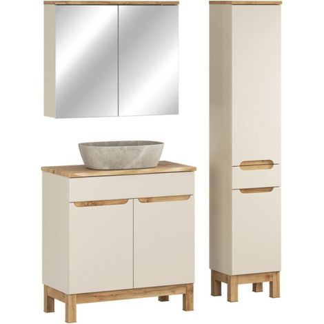 ERMANO Kaschmir-Set 115cm: Waschtischunterschrank + Platte für schräge Waschbecken + Aufsatzwaschbecken + Stauraum + Spiegel
