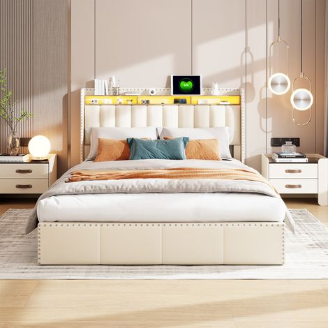 Cama doble 140x200cm, Cama tapizada, Cabecero con luz LED y puerto USB, Cama con canapé hidráulico, Cama funcional, Remache decorativo, Terciopelo, Beige (1/5)