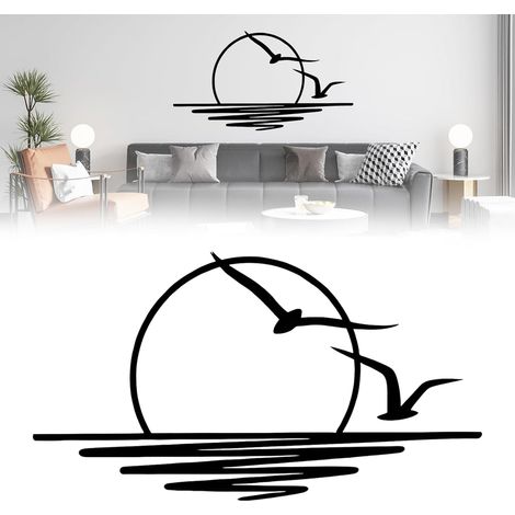 Decoration Murale, Deco Murale en Métal Noir 100 x 50 cm, Décoration Murale avec Motif de Mouettes et de Lever de Soleil, Decoration Murale Metal Minimaliste Pour Salon, Chambre, Bureau (1/5)