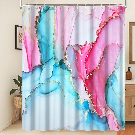Rideau de Douche Bleu et Rose à Pois dorés en marbre Rideau de Salle de Bain Moderne concis et imperméable Abstrait Contemporain Esthétique Lavable Décoration de Salle de Bain 120x180cm (1/5)
