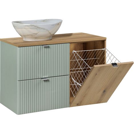 Mueble lavabo 90cm Verde Jade y cesta de ropa de madera
