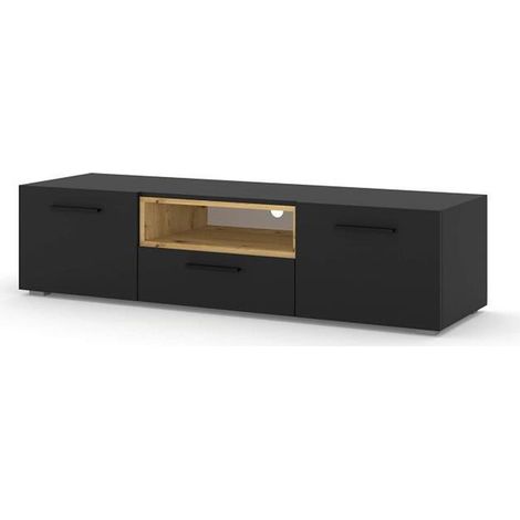 Meuble TV 151 cm noir mat avec étagère en chêne – 3 compartiments fermés – Passage de câbles intégré – Montage facile – Salone Srl (1/5)
