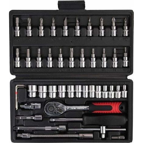 Clé dynamométrique 1/4", clé dynamométrique entièrement réglable avec tête à cliquet (5–25 Nm), coffret d'outils à main 46 pièces, petit jeu de clés volantes, coffret à cliquet (1/4)