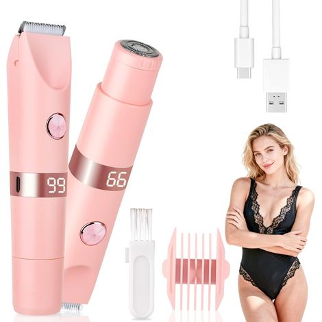 Epilatore per zona bikini impermeabile IPX7 per donne, rasoio elettrico 2 in 1 a doppia testina con schermo LED, ricaricabile tramite USB, depilazione delicata e indolore per zona bikini, viso, ascell (1/5)