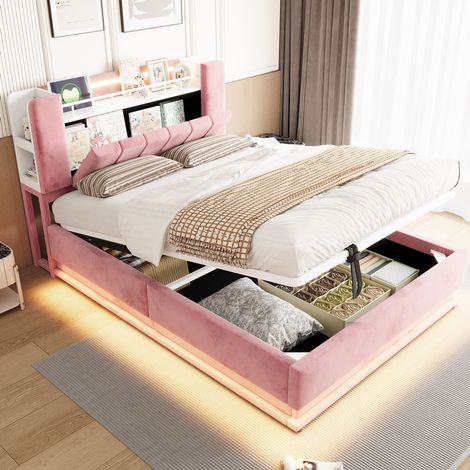 Lit coffre adulte 140x200 cm hydraulique avec LED USB et rangement tête de lit, sommier métal, velours rose (1/5)