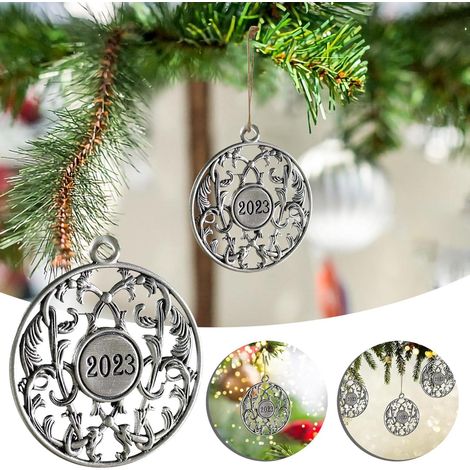Runde, hohle Weihnachtsornamente aus Metall, Hängeanhänger, Dekoration für Neujahr, Souvenir für Baum, Kamin, Fenster, drinnen und draußen, Weihnachtsfeier-Zubehör