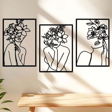 Minimalist black metal wall coverings, a set of three modern abstract art paintings of women, suitable for bedrooms, living rooms, bathrooms and galleries. (1/4)