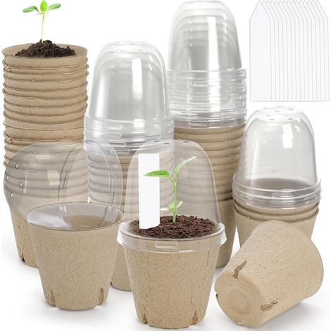 Filiyano-Lot de 50 pots de tourbe avec dôme d'humidité et trous de drainage, pots de semis en papier de 7,6 cm (3 pouces), pots de culture (1/5)