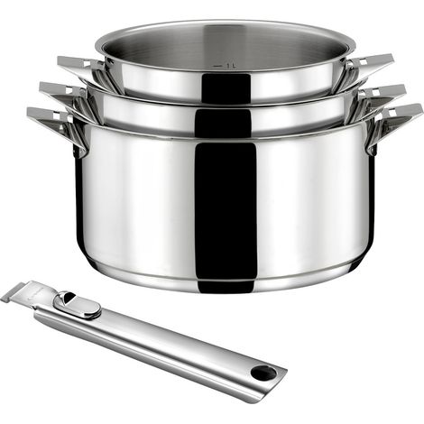 Série de 3 casseroles inox 16/18/20 cm – Fond encapsulé 6mm pour tous feux – Poignée amovible athermique – Empilables pour rangement optimal – Cuisinox