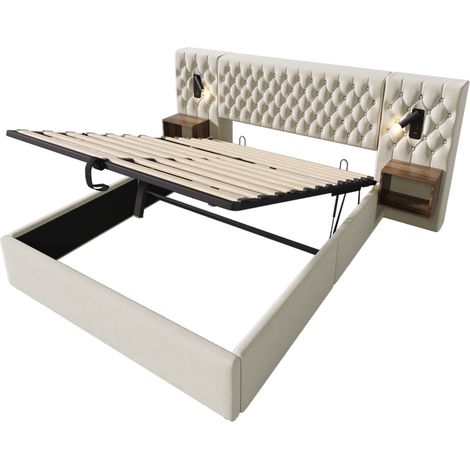 Lit double 180x200 cm en velours beige avec 2 chevets, LED et USB (1/5)