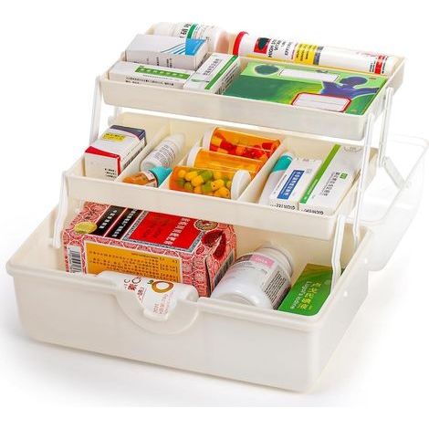 Boîte de Rangement à 3 Couches Pour Médicaments - Portable Avec Poignée, Premiers Soins, Pharmacie - Transparente/Blanche (1/5)