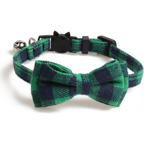 Collier pour chat avec grelot et nœud papillon, boucle de sécurité à dégagement rapide pour chatons et chats, motif tartan doux (vert) (1/4)