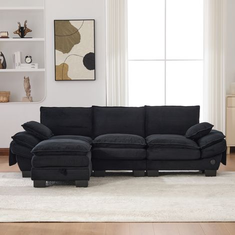 Modulares 3-Sitzer-Sofa mit 1 Hocker, Kordelstoff-Optik, USB-C, Seitentaschen, Schwarz HAVRYA (1/5)