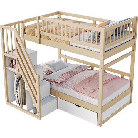 Etagenbett 2 Schlafplätze mit Stauraumtreppe und Schublade, 90 x 200 cm, ohne Matratze, Holz (1/5)