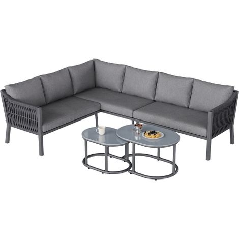 Gartenmöbel Set Loungegruppe Garten für 6 Personen, Ecksofa Grau mit 2 Couchtischen, Glastisch, Verzinktes Eisen, Seilgeflecht