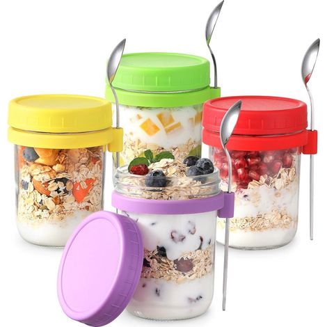 4er-Set Overnight-Oatmeal-Gläser, 360-ml-Einmachgläser mit Messmarkierungen, Vorratsbehälter mit Deckel und Löffeln für Haferflocken, Müsli, Obst, Milch, Salat und Joghurt (1/5)
