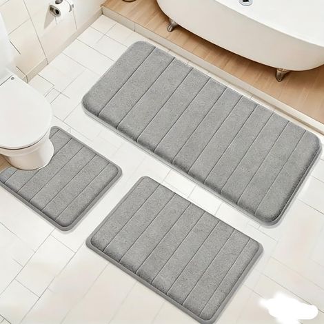 Tapis Bain 3 PièCes, Mousse MéMoire Forme Souple Tapis WC Forme U, AntidéRapant, Absorbant, Lavable, Doux SéChage Rapide, Tapis Salle Bain pour Douche, Toilettes, Baignoire (1/5)