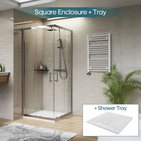 NRG Square Corner Entry Shower Enclosure with Sliding Doors Bathroom Cubicle 800 x 800mm & White Shower Tray (1/5)