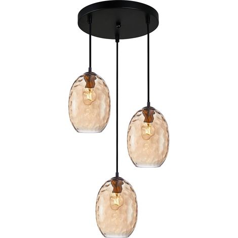 Suspension 3 lumières Novala Italux noire et dorée en verre ambré E27 40 W (1/2)