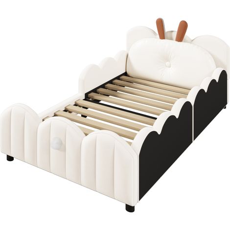 Letto a piattaforma imbottito 90x200 beige con cuscino a forma di coniglio (1/5)