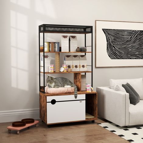 Lettiera per gatti con ripiano a 3 livelli e tiragraffi, lettiera chiusa, 80 x 48 x 152 cm, marrone (1/5)