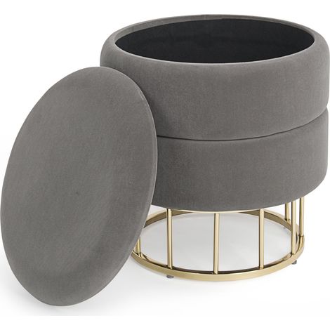 Runder Puff Hocker "Pavlina" mit Stauraum, Messingfuß, Samt Sitz modernes Mobiliar -Grau (1/4)