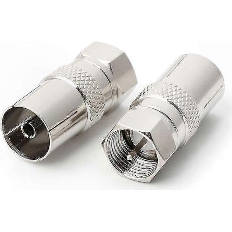 Deux adaptateurs coaxiaux RF de type F mâle vers femelle pour le raccordement d'antennes TV. (1/5)