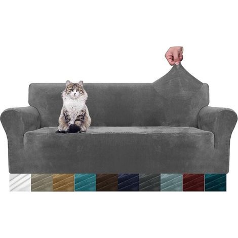 Housse de canapé en Velours épais Super Extensible pour Chiens Cat Pet Friendly 1-Piece Elastic Furniture Protector en Peluche (3 Places, Gris) (1/5)