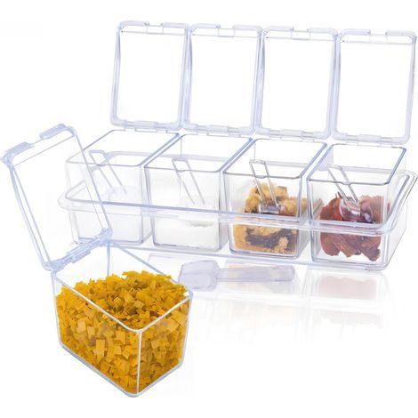 Ensemble de 4 boîtes à épices transparentes, comprenant un couvercle, une cuillère et un étiquetage vanille, ainsi que des épices, du sel et du sucre. (1/5)