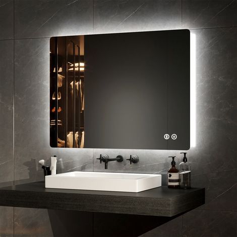 EMKE Bluetooth Illuminated Bathroom Mirror with Shaver Socket Dimmable Bathroom LED Mirror with Demister, Fuse, 60x80CM