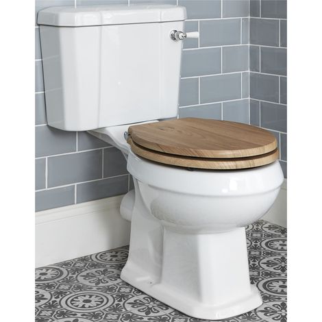 Milano Richmond White Ceramic Close Coupled Bathroom Toilet Pan WC and Cistern - Warm Oak Seat (1/4)