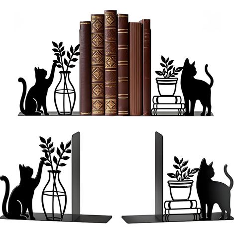2 pièces Créativité Serre-Livres en Forme de Chat, Serre-Livres Hidden Cat Couleur Support de Livres, Robustes et Antidérapants, pour étagère, Bureau, Maison, école, bibliothèque (Noir) (1/5)