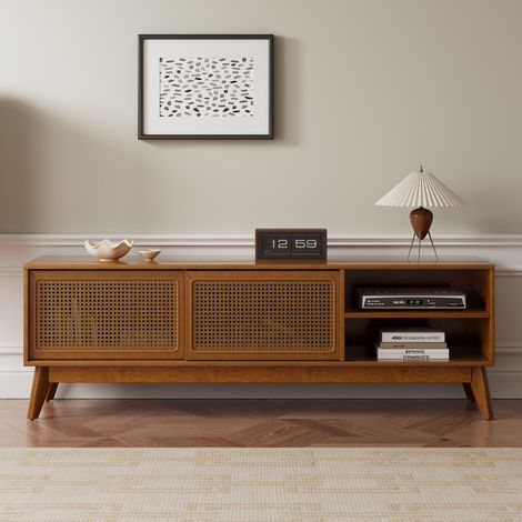 Meuble TV moderne en rotin de 150 cm (59 pouces) pour téléviseur de 165 cm (65 pouces), meuble multimédia, console pour salon ou salle de jeux, pieds en bois massif et portes en rotin - Noyer clair (1/4)